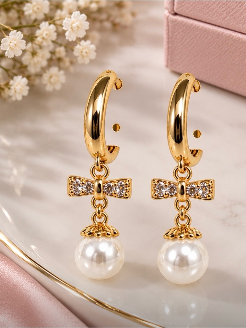 Gold Pearl Bow Drop Earrings for Women
